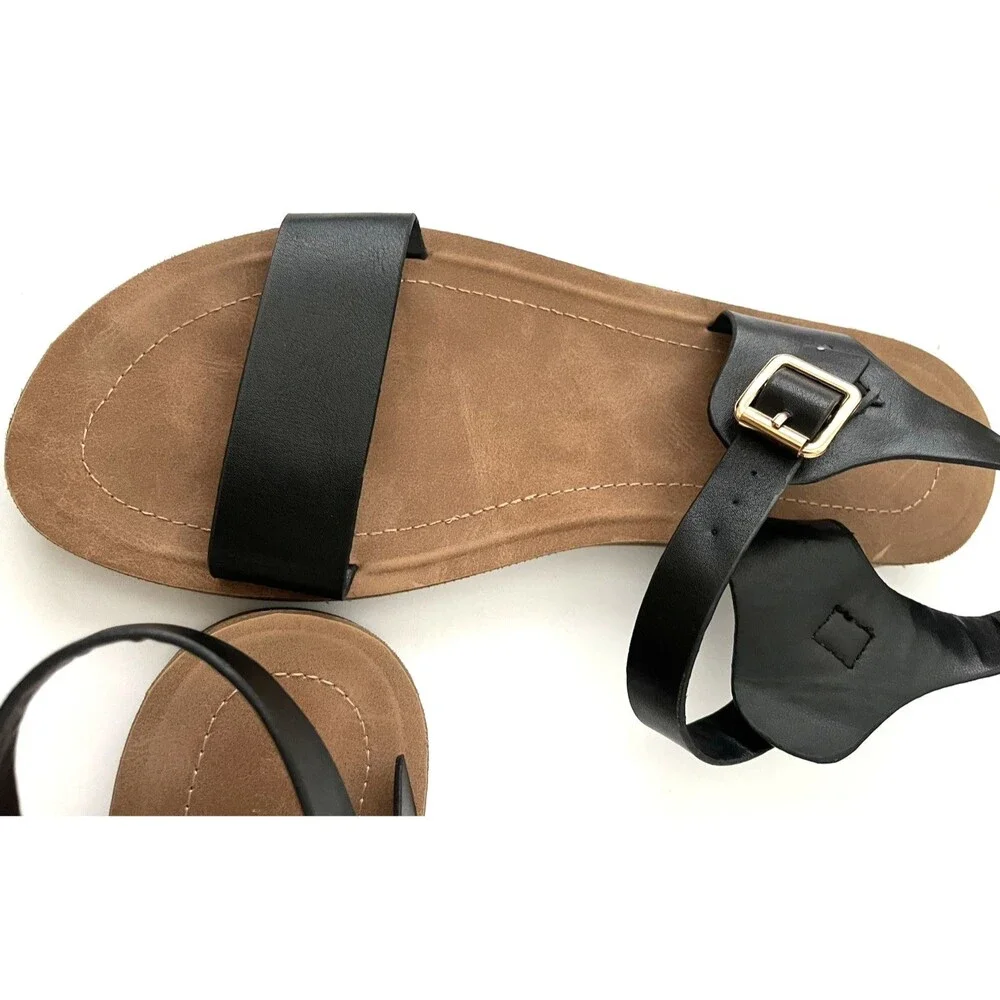 Bamboo Womens Classic Sandals Black/Brown Strappy Size 8 Flat Minimalist Modern